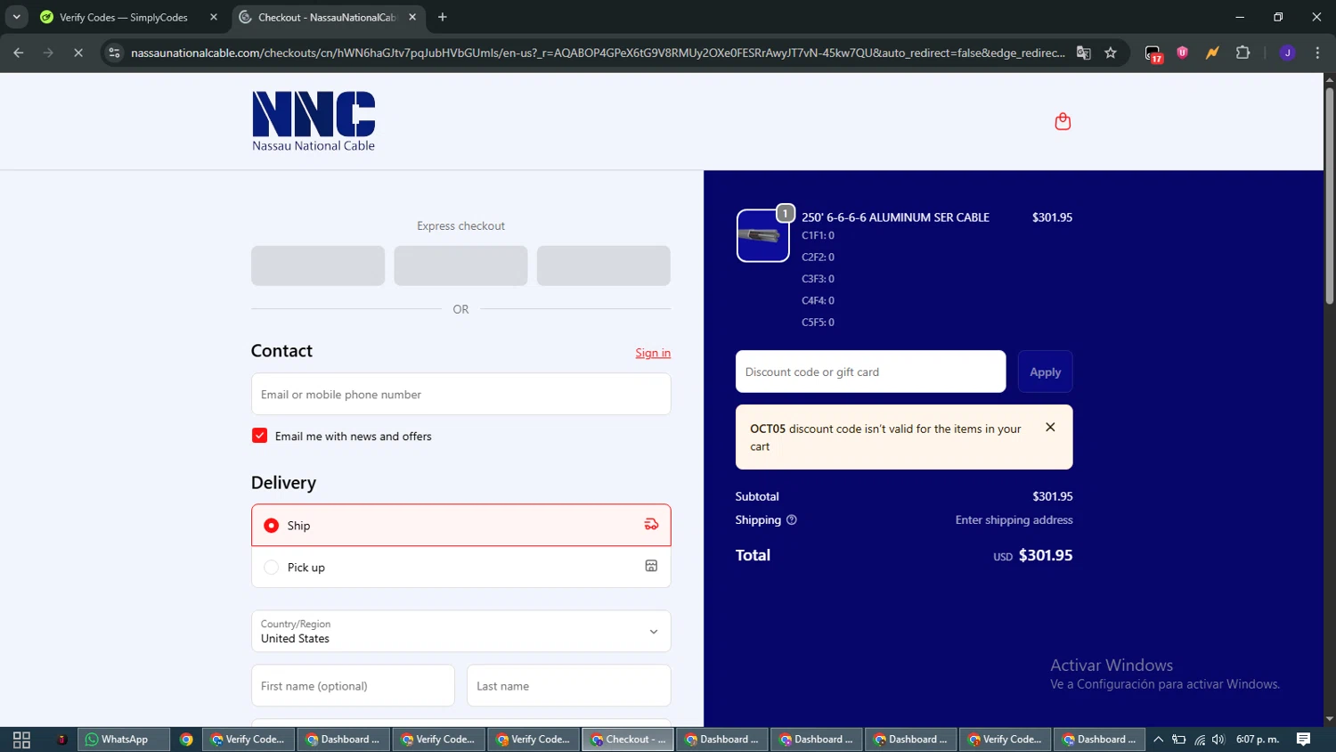 Nassau National Cable promo code screenshot showing code OCT05 applied at Nassau National Cable checkout page. Uploaded by SimplyCodes community member WiseMaven9968 on Dec 21, 2025