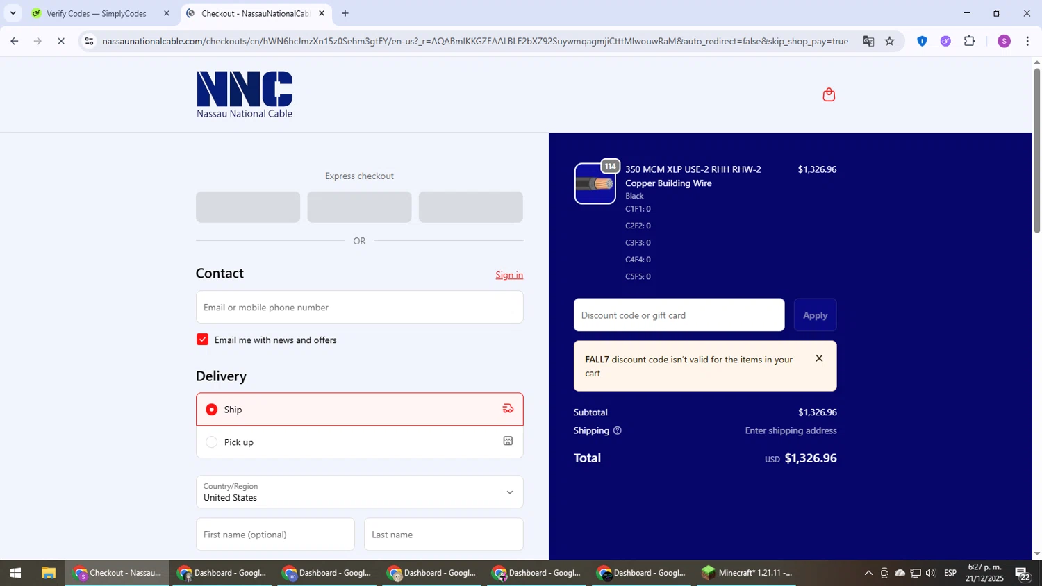 Nassau National Cable promo code screenshot showing code FALL7 applied at Nassau National Cable checkout page. Uploaded by SimplyCodes community member Son_Goku on Dec 21, 2025