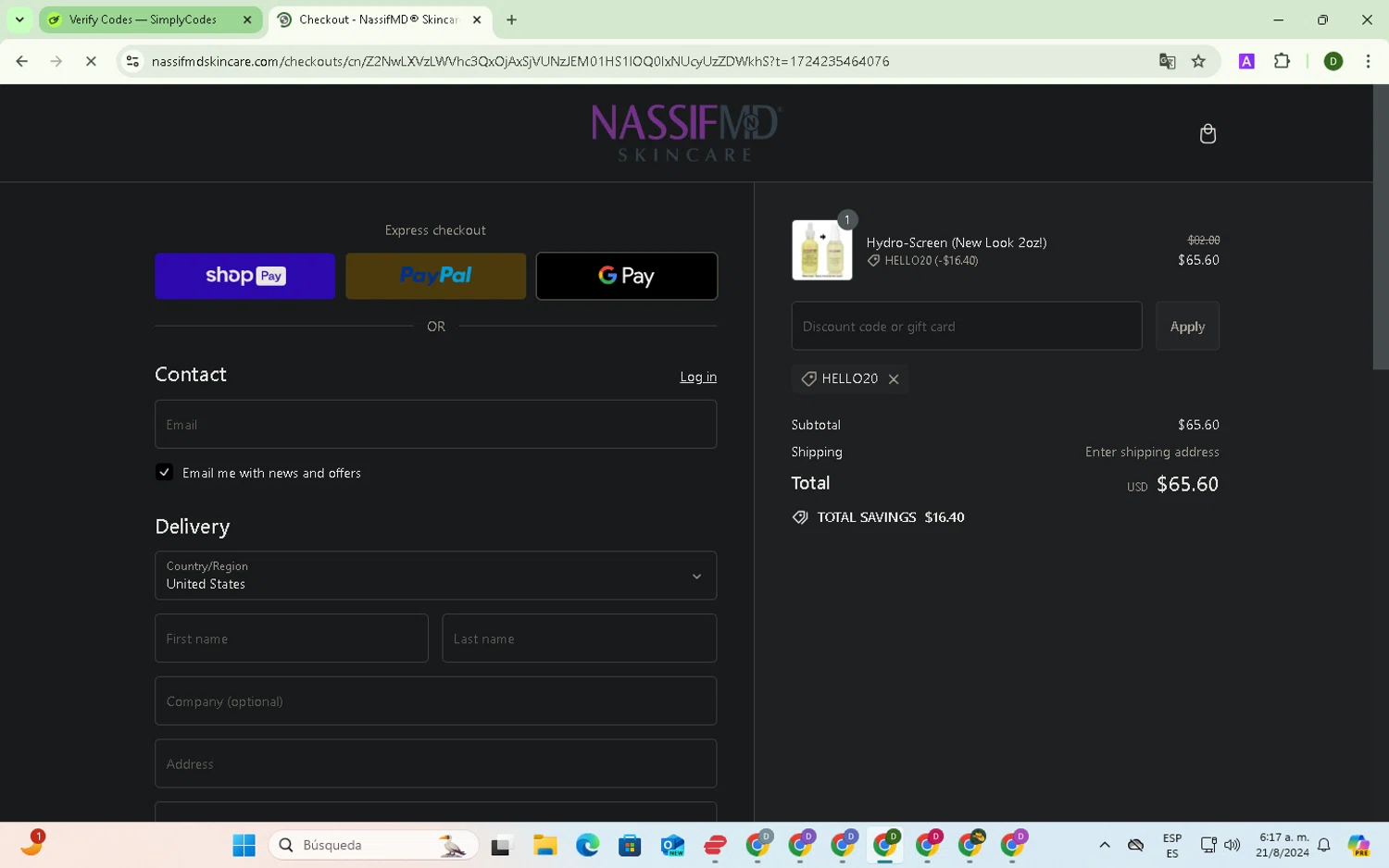 where to use NASSIFMD Skincare promo code box