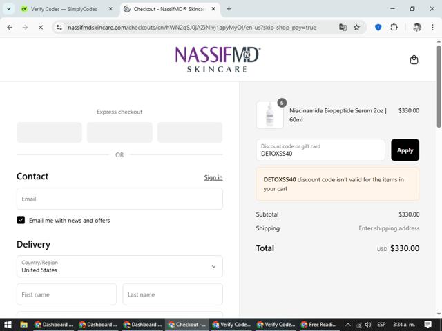 NassifMD Dermaceuticals checkout page showing NassifMD Dermaceuticals promo code box | Screenshot taken by SimplyCodes community member on Sep 11, 2025
