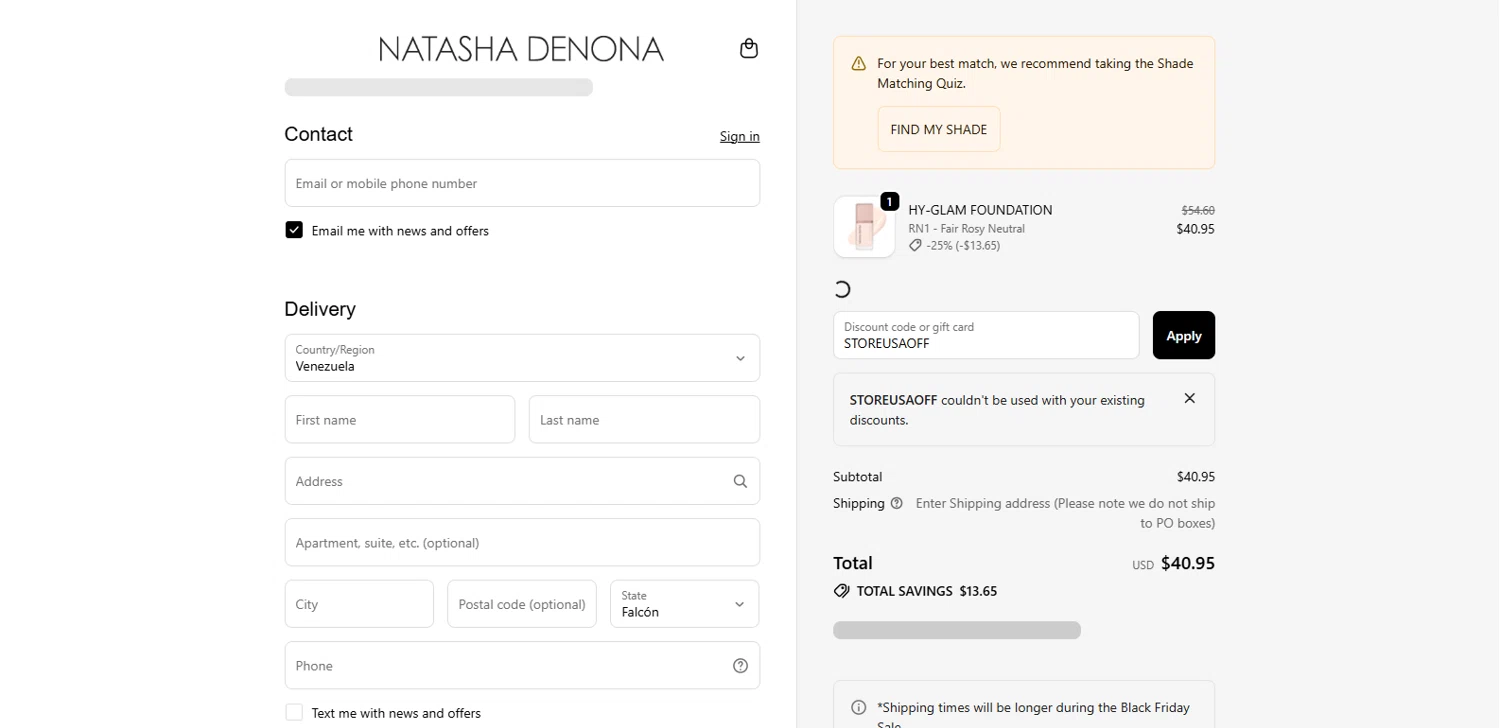 Natasha Denona discount code screenshot showing code STOREUSAOFF applied at Natasha Denona checkout page. Uploaded by SimplyCodes community member MagnifiHero3476 on Dec 1, 2025