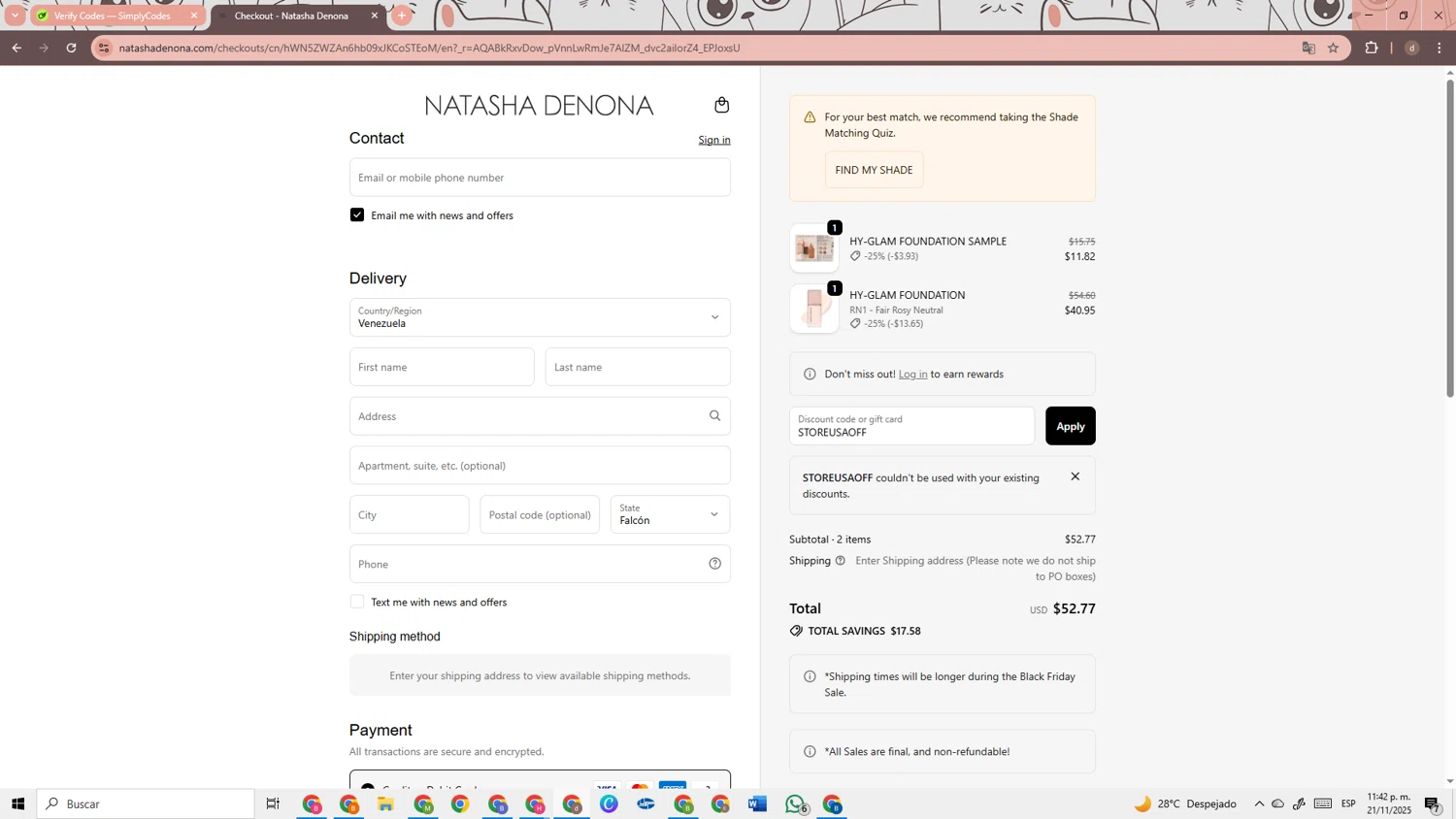 Natasha Denona discount code screenshot showing code STOREUSAOFF applied at Natasha Denona checkout page. Uploaded by SimplyCodes community member RebateRanger3247 on Nov 22, 2025