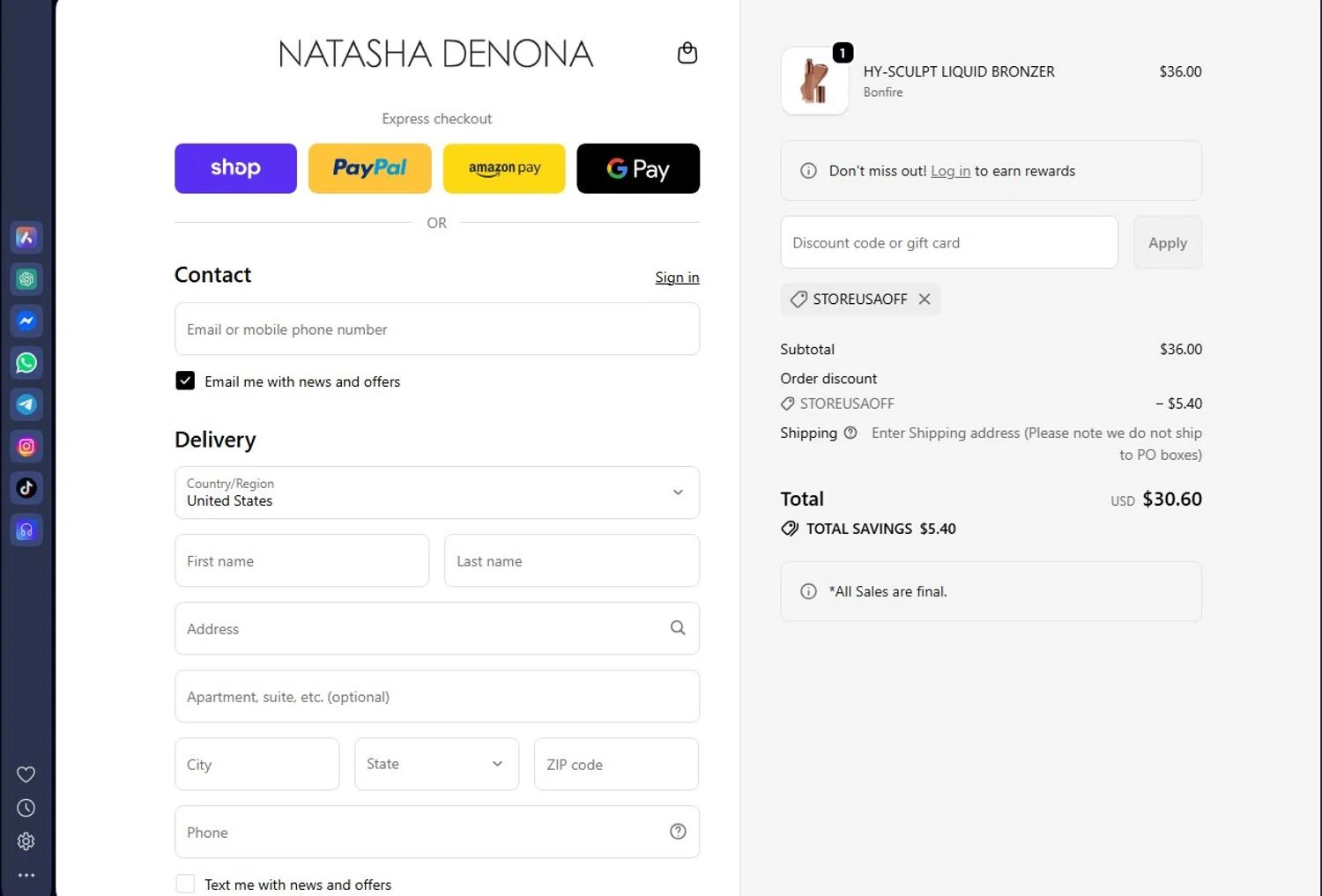 Natasha Denona discount code screenshot showing code STOREUSAOFF applied at Natasha Denona checkout page. Uploaded by SimplyCodes community member andrescarreraborges on Oct 8, 2025