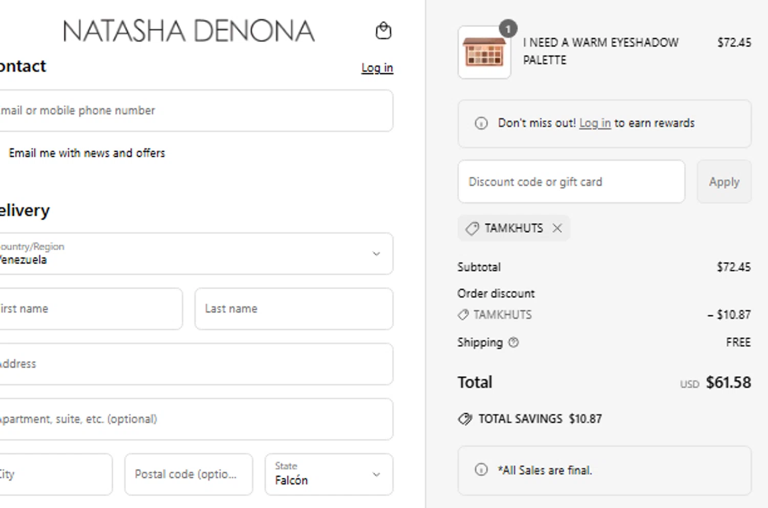 Natasha Denona discount code screenshot showing code TAMKHUTS applied at Natasha Denona checkout page. Uploaded by SimplyCodes community member CouponLion324 on Jun 19, 2025