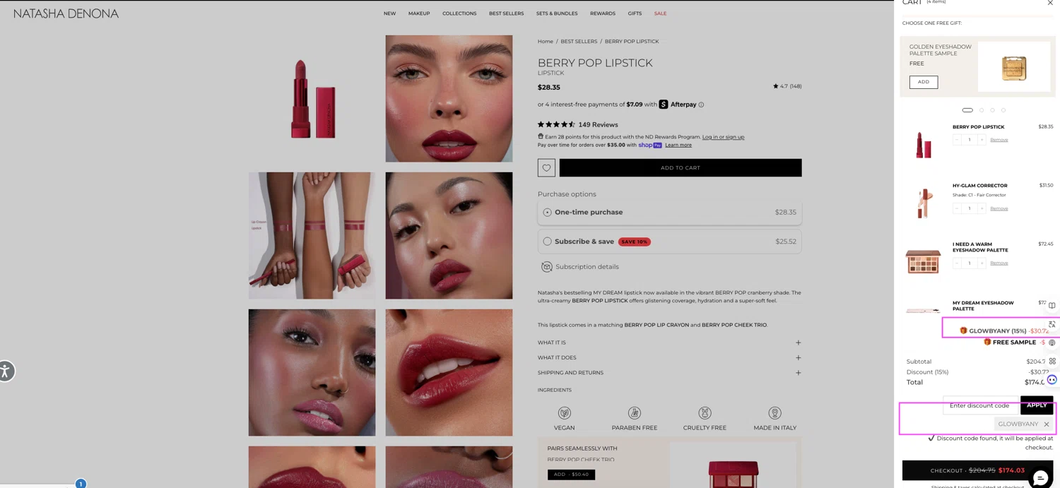 Natasha Denona discount code screenshot showing code GLOWBYANY applied at Natasha Denona checkout page. Uploaded by SimplyCodes community member AlejandraSarmiento on Jul 16, 2025