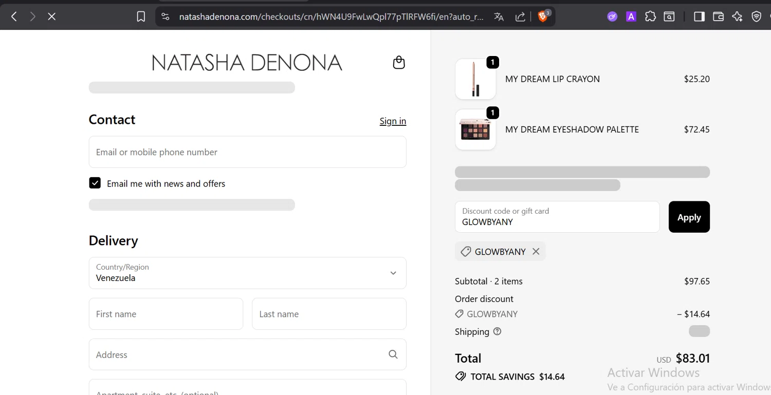 Natasha Denona discount code screenshot showing code GLOWBYANY applied at Natasha Denona checkout page. Uploaded by SimplyCodes community member DiaCritics on Oct 24, 2025