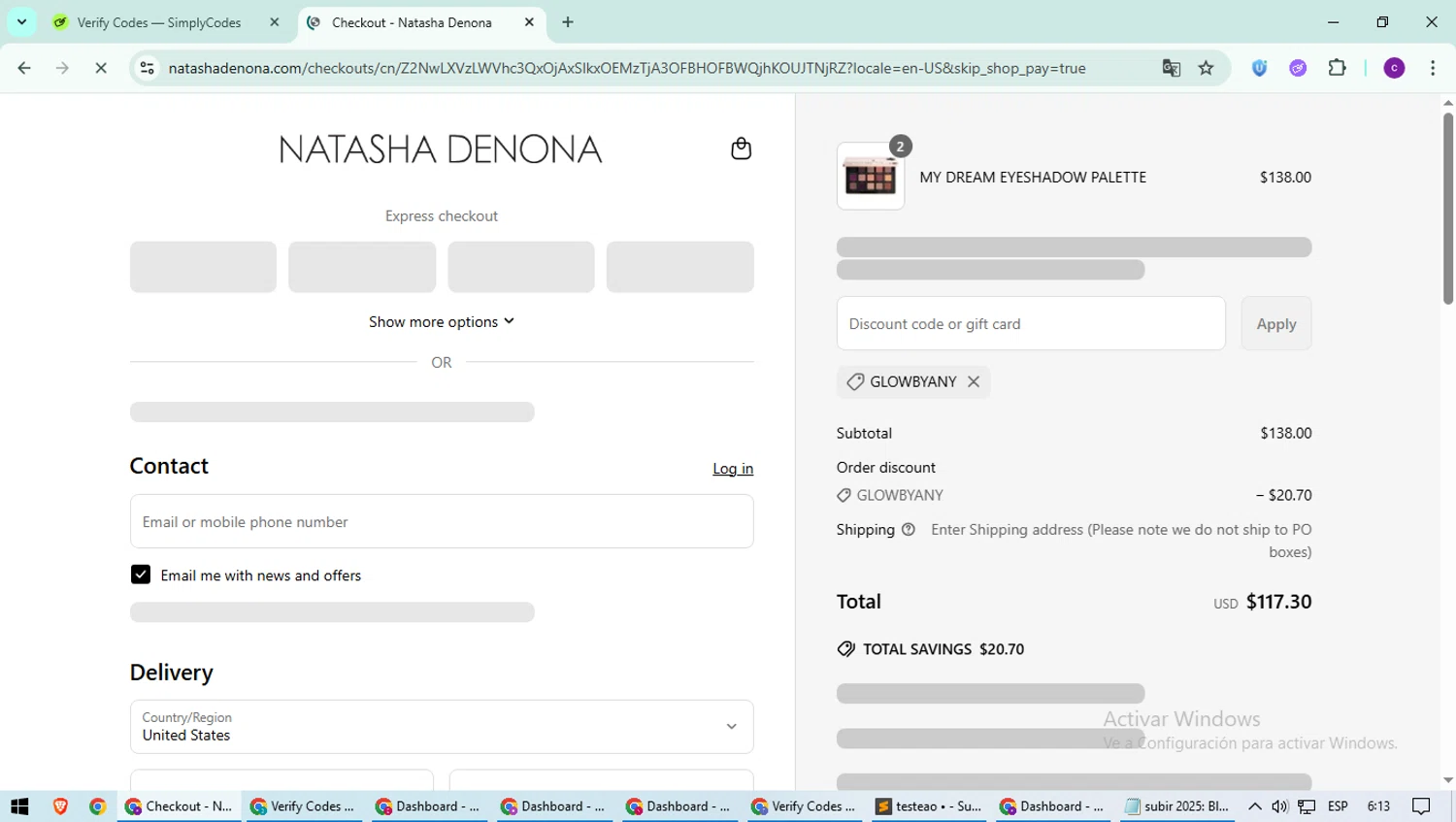 Natasha Denona discount code screenshot showing code GLOWBYANY applied at Natasha Denona checkout page. Uploaded by SimplyCodes community member suieeloves on Jun 18, 2025