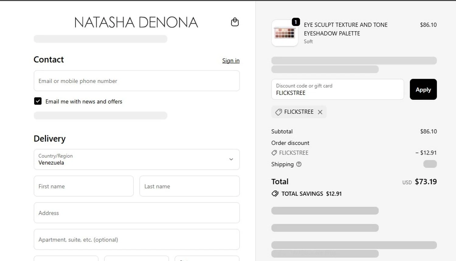 Natasha Denona discount code screenshot showing code FLICKSTREE applied at Natasha Denona checkout page. Uploaded by SimplyCodes community member FortunateScholar5901 on Oct 8, 2025