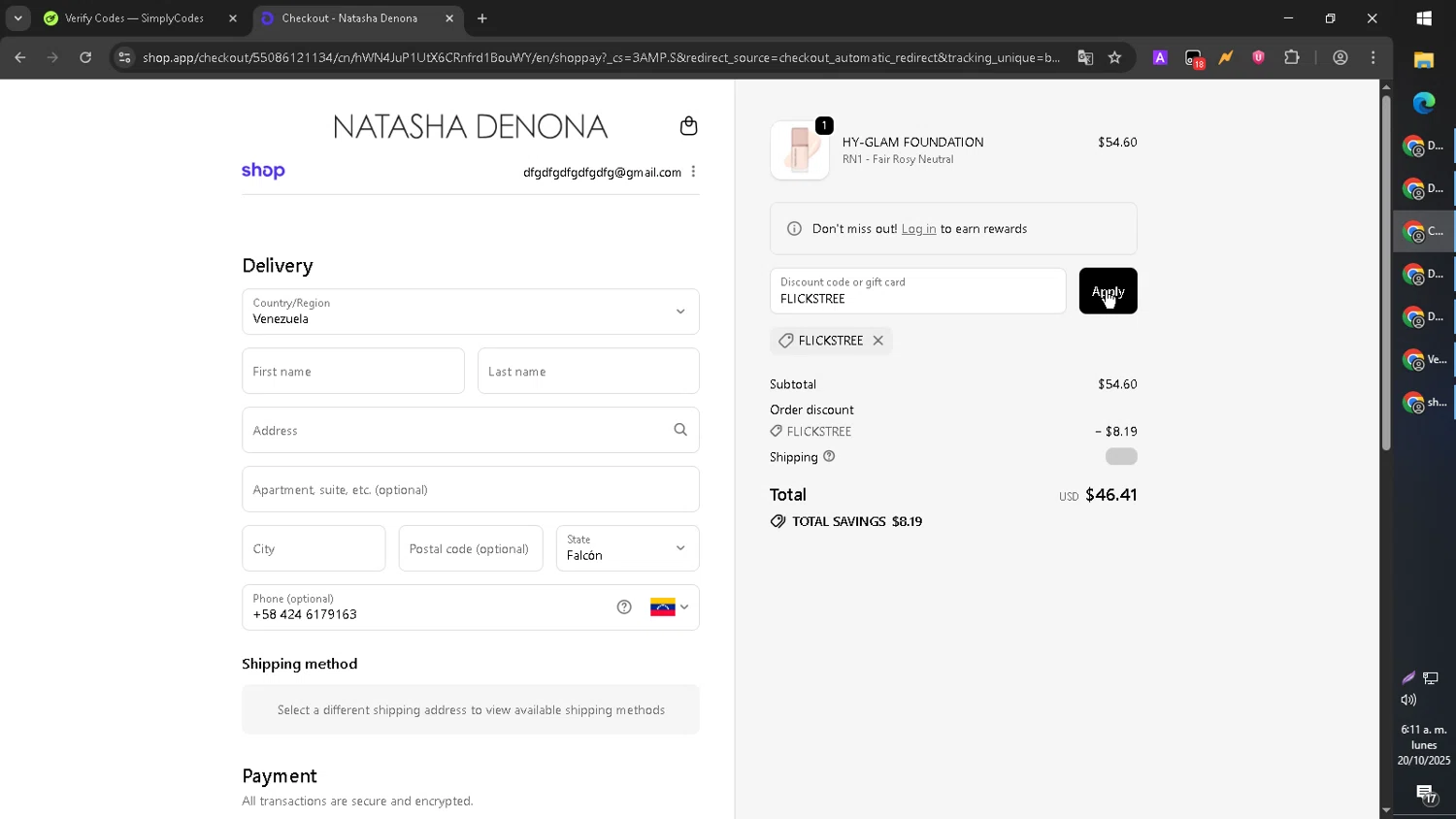 Natasha Denona discount code screenshot showing code FLICKSTREE applied at Natasha Denona checkout page. Uploaded by SimplyCodes community member MoneyPilot9165 on Oct 20, 2025
