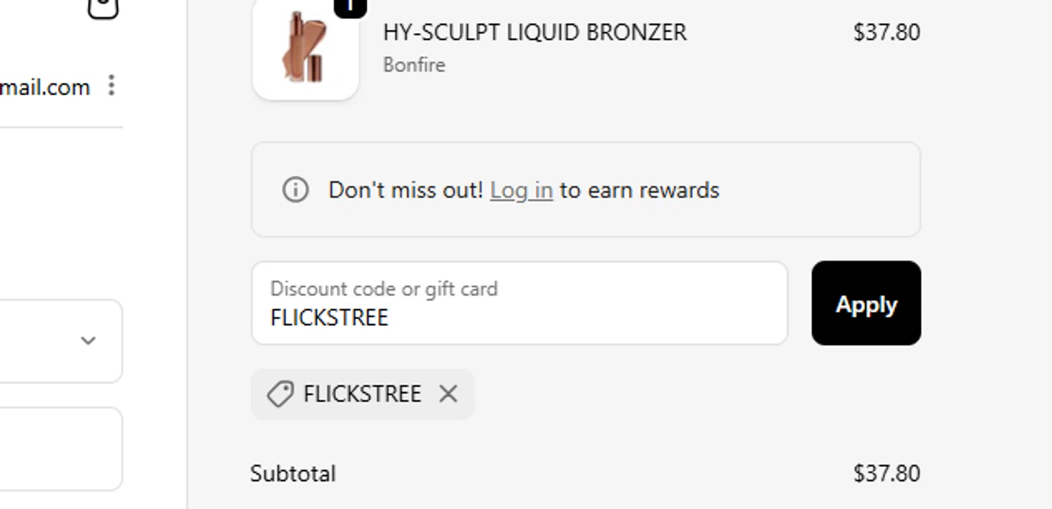 Natasha Denona discount code screenshot showing code FLICKSTREE applied at Natasha Denona checkout page. Uploaded by SimplyCodes community member SmartMaverick5327 on Oct 12, 2025