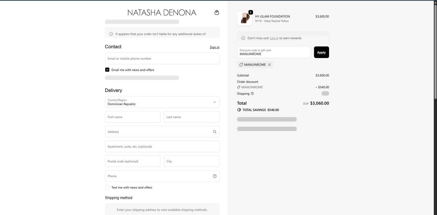 Natasha Denona discount code screenshot showing code MANUINROME applied at Natasha Denona checkout page. Uploaded by SimplyCodes community member SwiftPhoenix267 on Dec 19, 2025