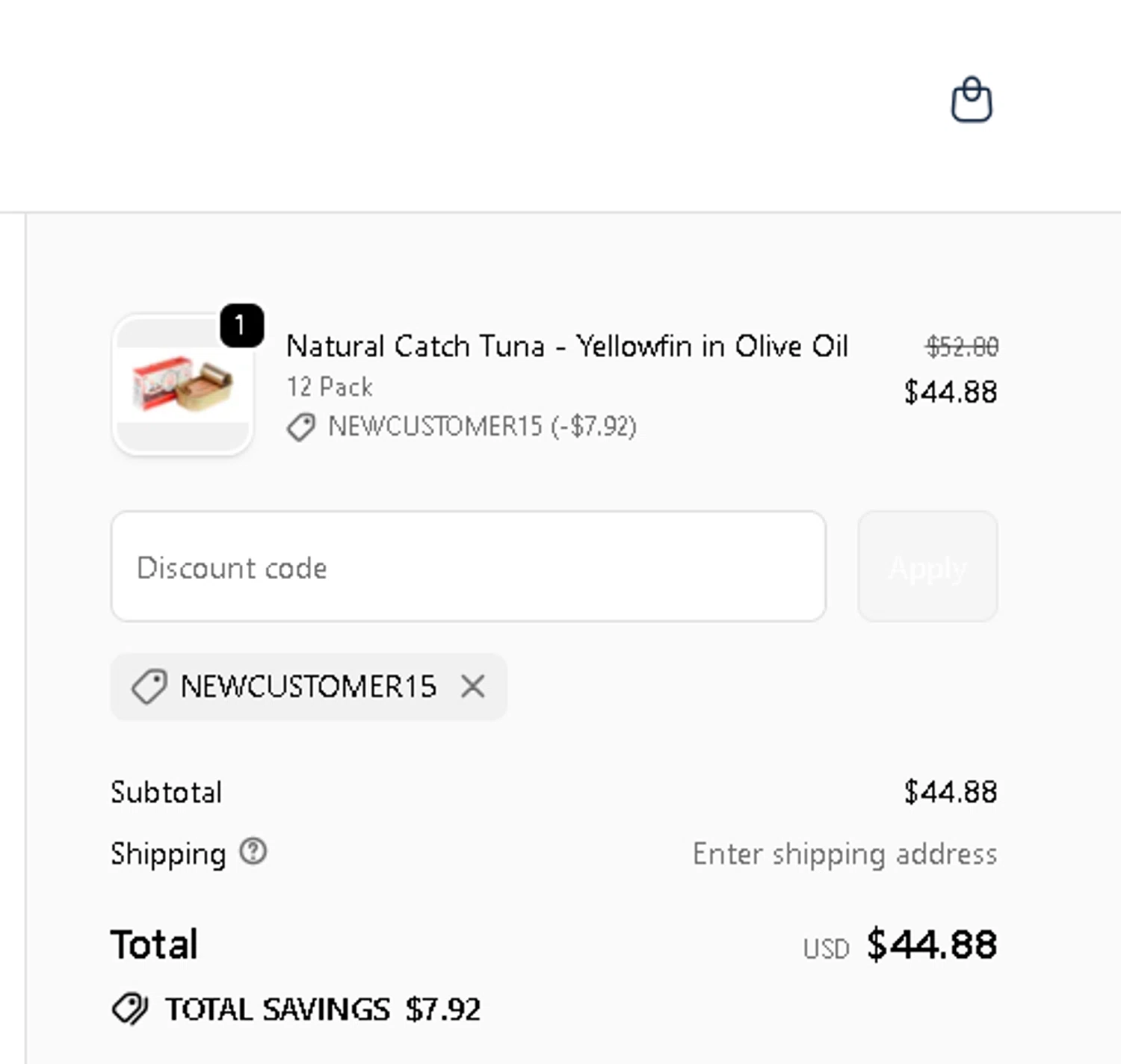 Natural Catch Tuna discount code screenshot showing code NEWCUSTOMER15 applied at Natural Catch Tuna checkout page. Uploaded by SimplyCodes community member tuvalu10 on Oct 30, 2025