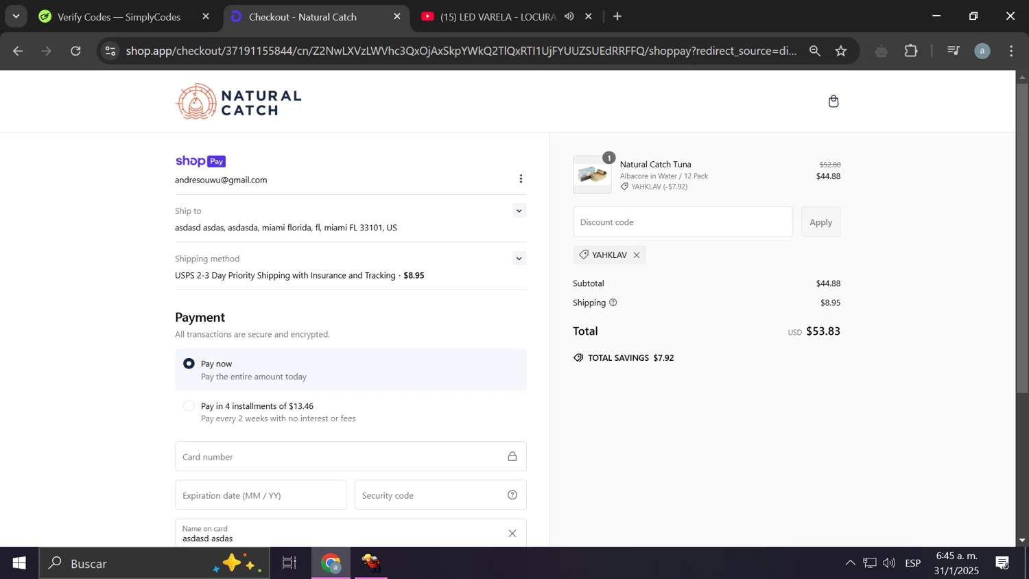 Natural Catch Tuna discount code screenshot showing code YAHKLAV applied at Natural Catch Tuna checkout page. Uploaded by SimplyCodes community member PrimeShopper662 on Jan 31, 2025