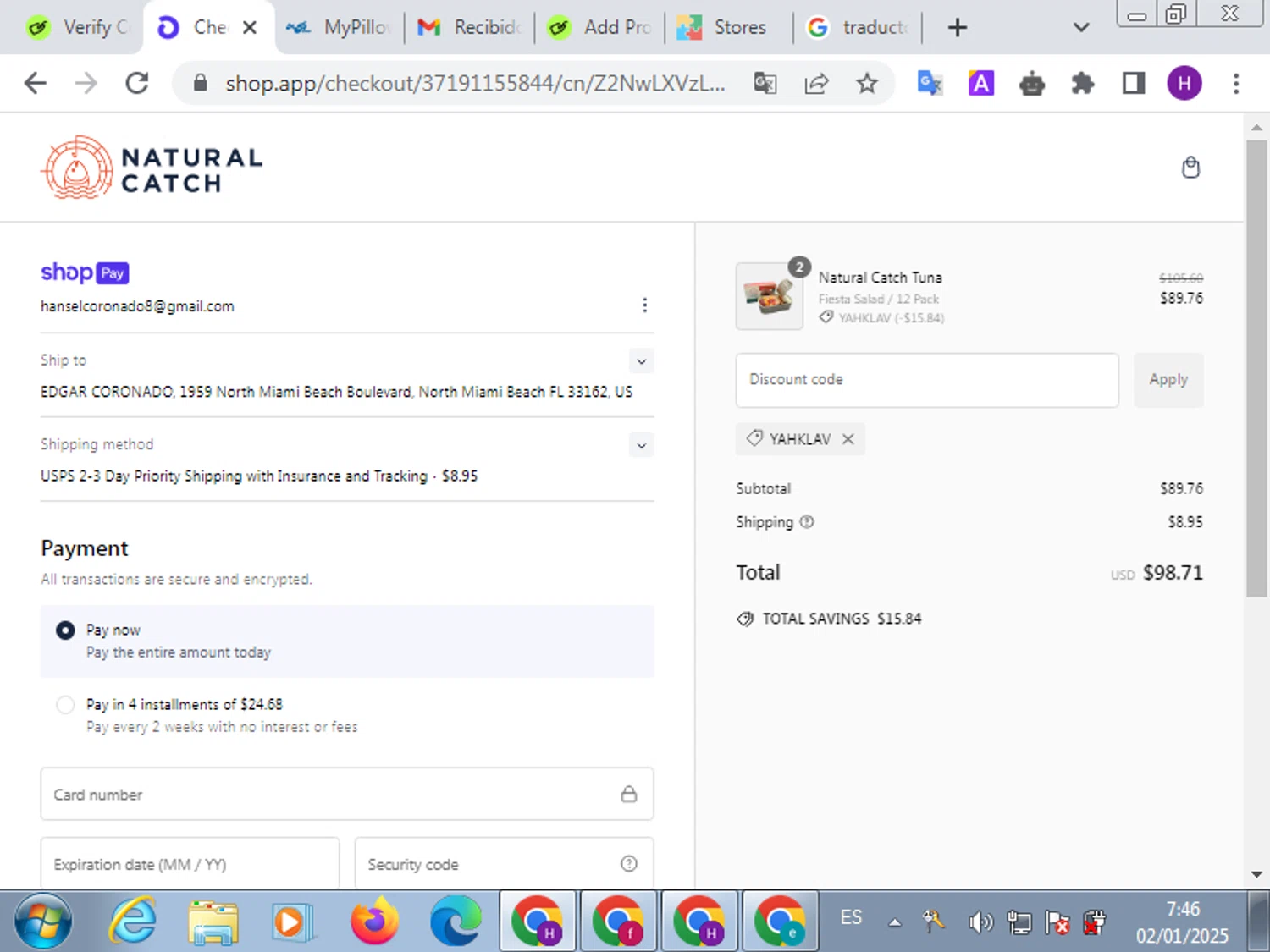 Natural Catch Tuna discount code screenshot showing code YAHKLAV applied at Natural Catch Tuna checkout page. Uploaded by SimplyCodes community member tumiedo on Jan 2, 2025