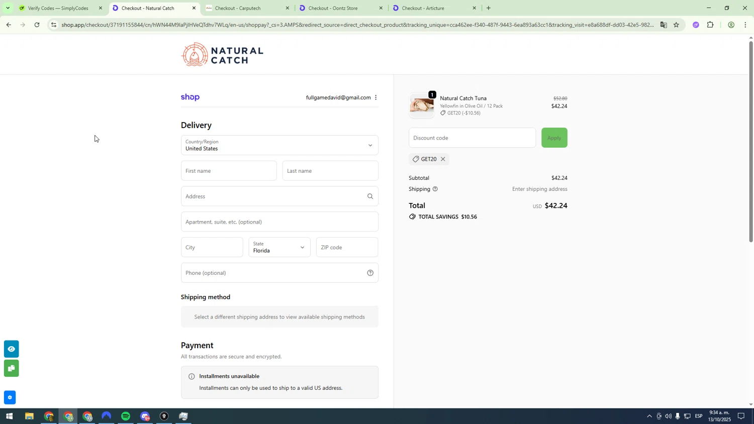 Natural Catch Tuna discount code screenshot showing code GET20 applied at Natural Catch Tuna checkout page. Uploaded by SimplyCodes community member sfdfgdsfgdfgdfg on Oct 13, 2025