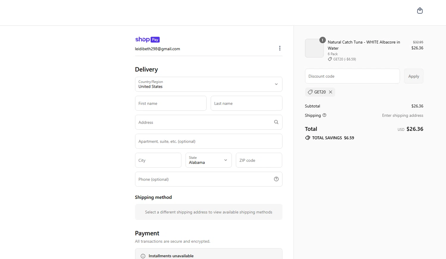 Natural Catch Tuna discount code screenshot showing code GET20 applied at Natural Catch Tuna checkout page. Uploaded by SimplyCodes community member kelvinsuarez88 on Jul 3, 2025