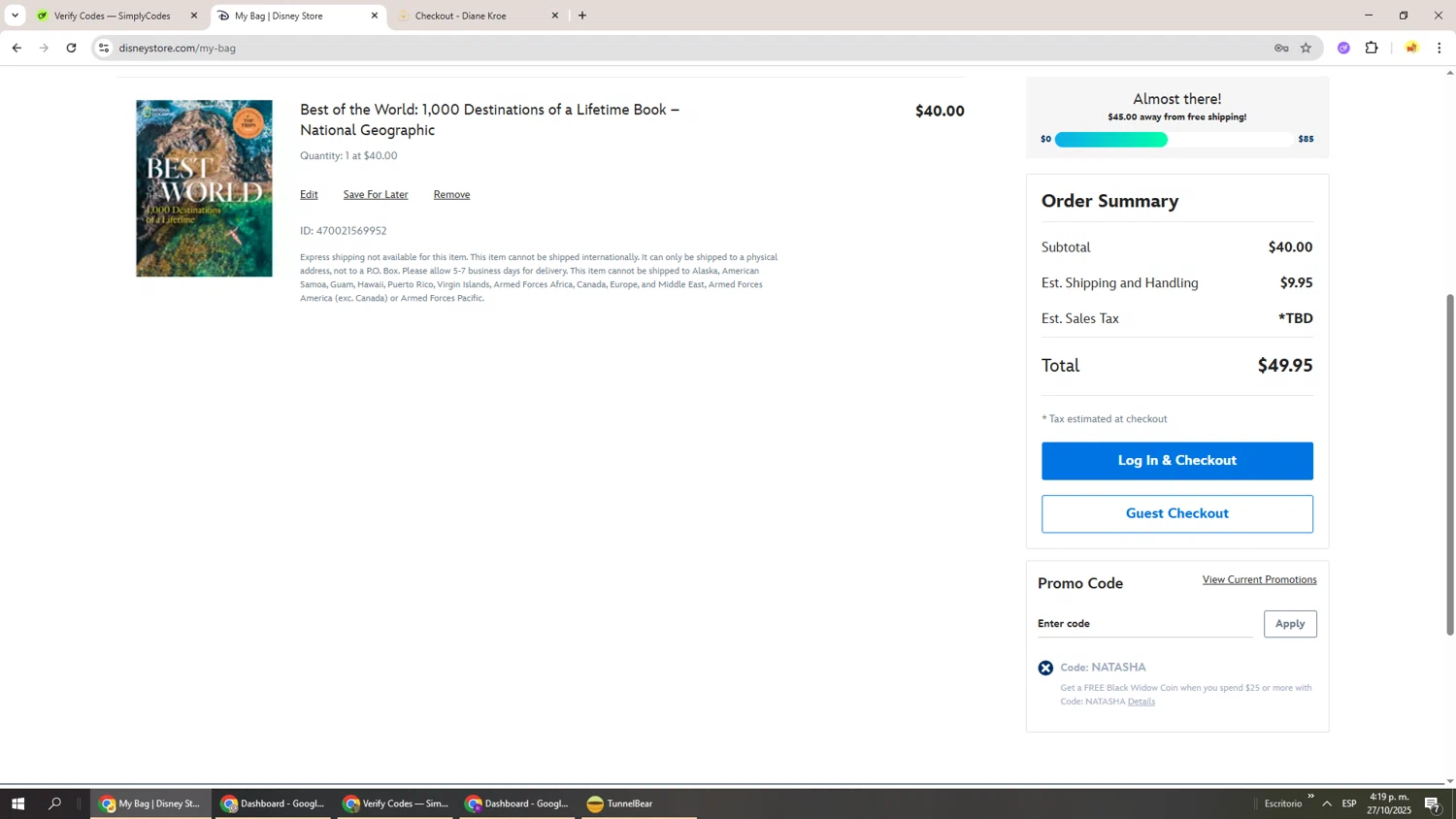 National Geographic Kids promo code screenshot showing code NATASHA applied at National Geographic Kids checkout page. Uploaded by SimplyCodes community member Richard251 on Oct 27, 2025