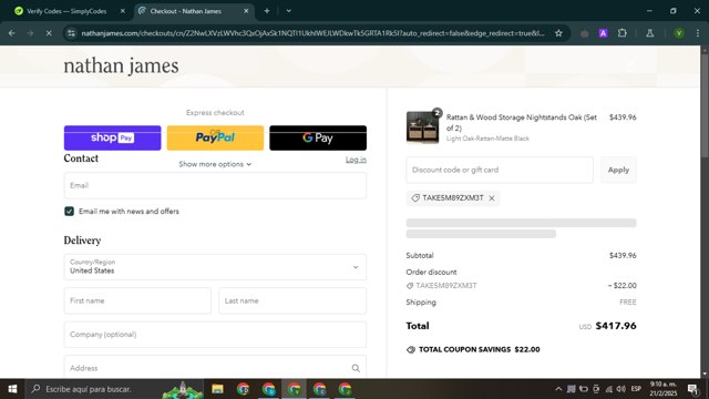 Nathan James checkout page showing Nathan James discount code box | Screenshot taken by SimplyCodes community member on Feb 21, 2025