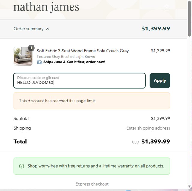 Nathan James checkout page showing Nathan James discount code box | Screenshot taken by SimplyCodes community member on Mar 17, 2025