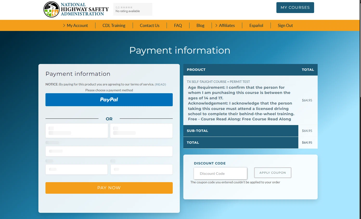 National Highway Safety Administration discount code screenshot showing code ADTX01 applied at National Highway Safety Administration checkout page. Uploaded by SimplyCodes community member BrandoJose1 on Oct 22, 2025