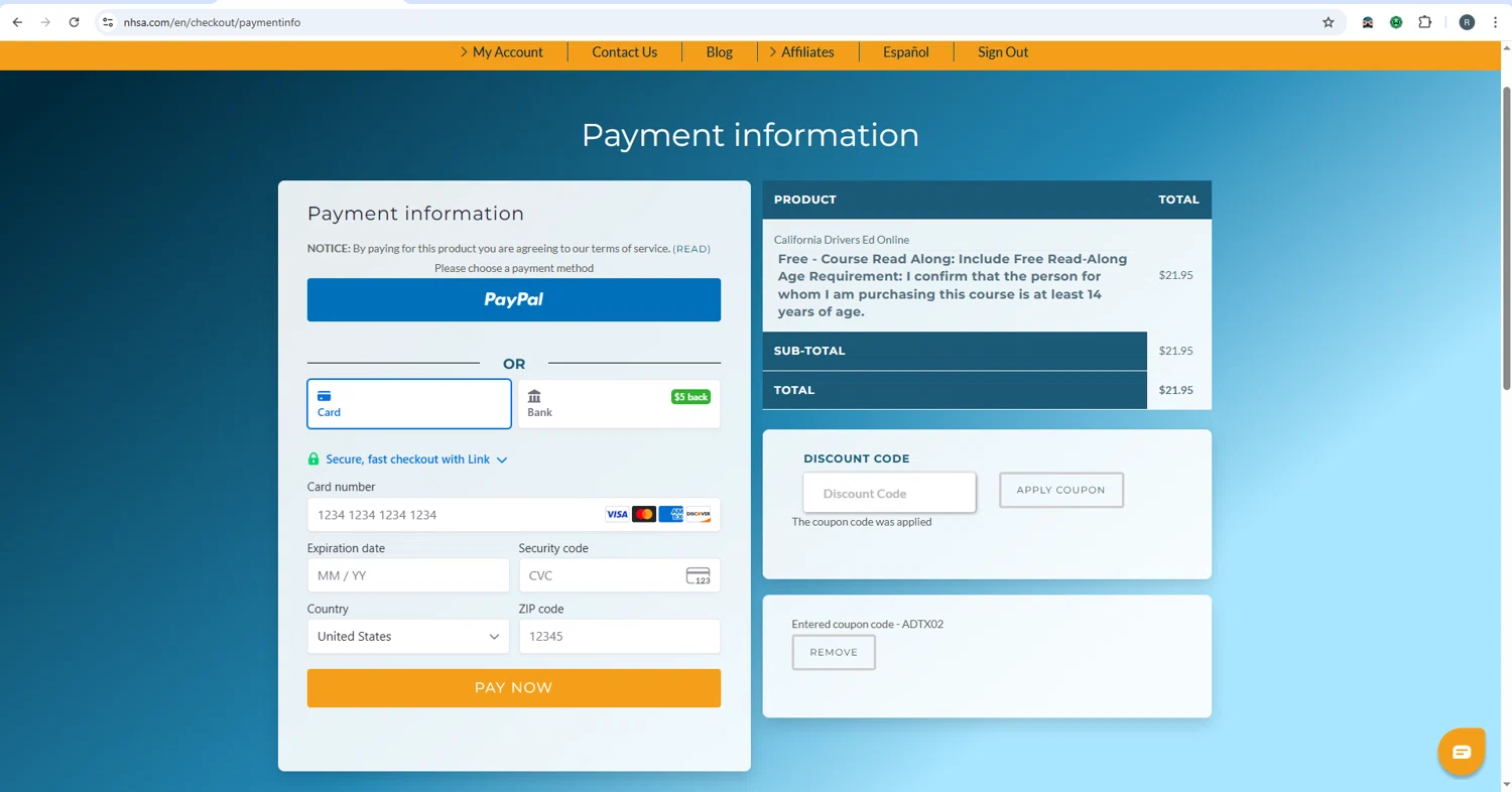 National Highway Safety Administration discount code screenshot showing code ADTX02 applied at National Highway Safety Administration checkout page. Uploaded by SimplyCodes community member rafaelmarquez on Sep 23, 2025