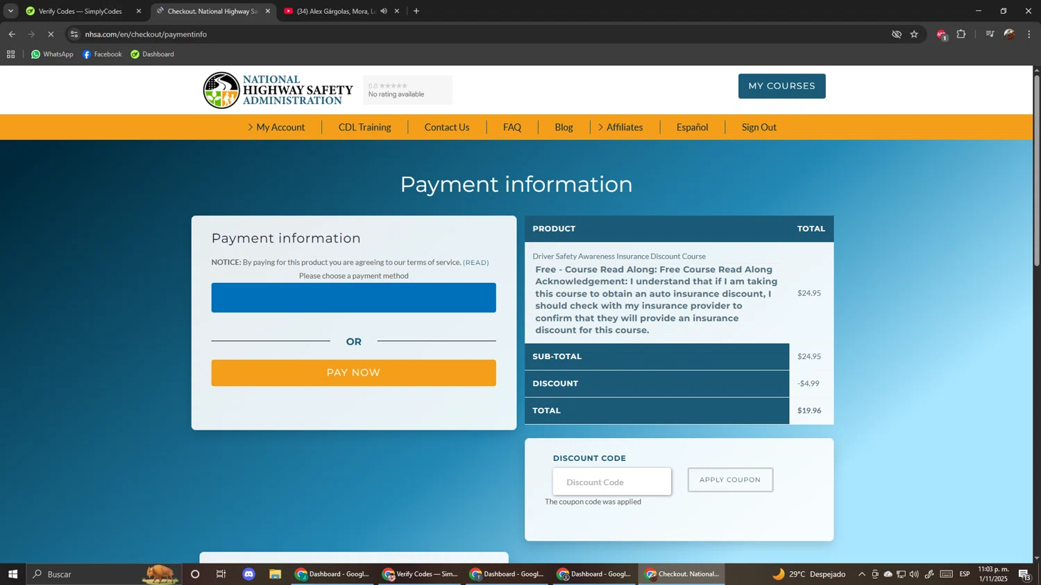 National Highway Safety Administration discount code screenshot showing code 20OFFSTUDENTS applied at National Highway Safety Administration checkout page. Uploaded by SimplyCodes community member ScanShopper554 on Nov 2, 2025