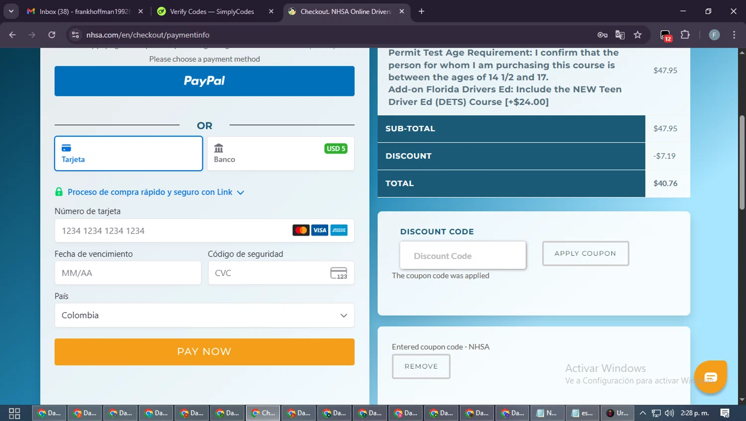 National Highway Safety Administration checkout page showing National Highway Safety Administration discount code box | Screenshot taken by SimplyCodes community member on Dec 30, 2025