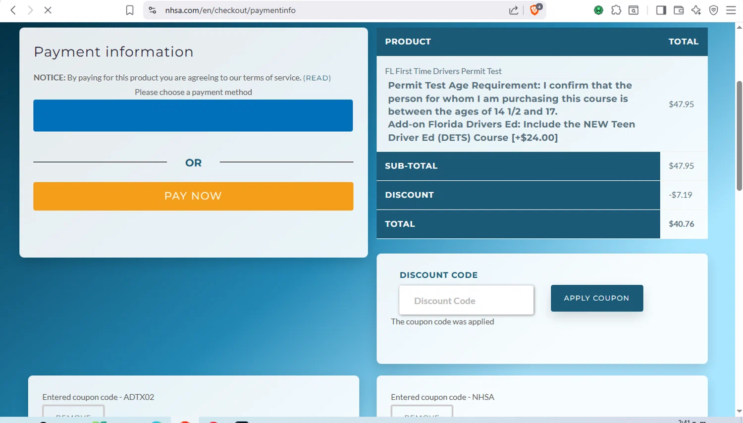 National Highway Safety Administration checkout page showing National Highway Safety Administration discount code box | Screenshot taken by SimplyCodes community member on Dec 17, 2025