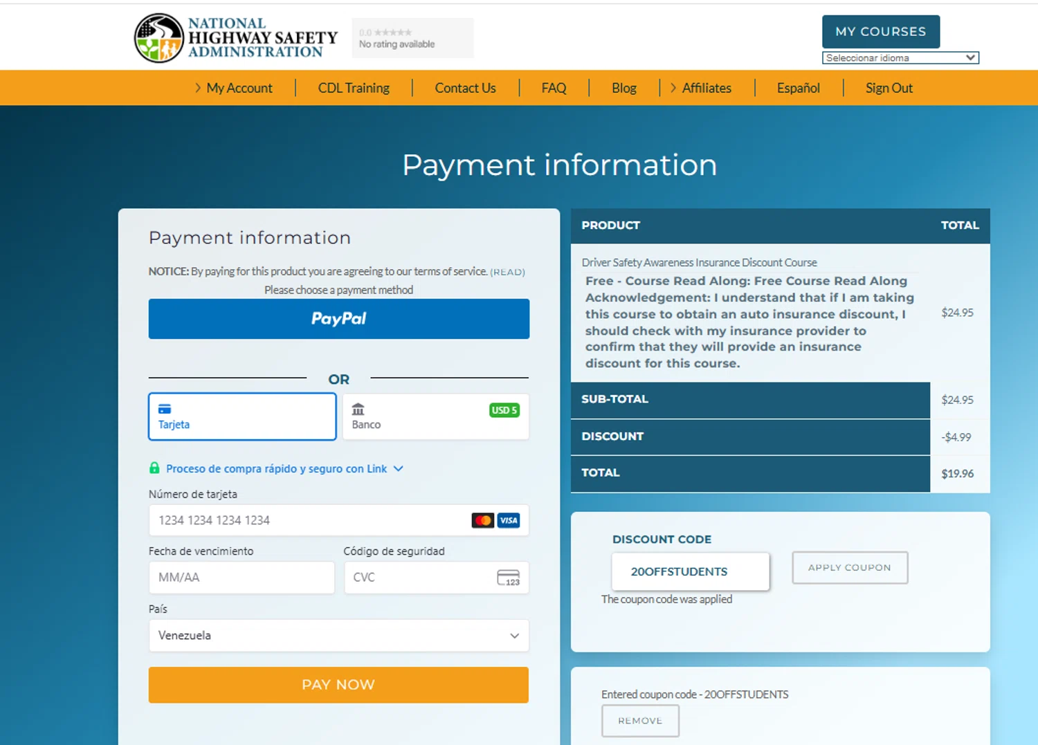 National Highway Safety Administration discount code screenshot showing code 20OFFSTUDENTS applied at National Highway Safety Administration checkout page. Uploaded by SimplyCodes community member ylenisjordan on Nov 2, 2025