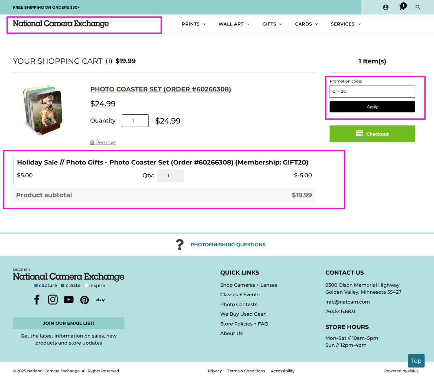 National Camera Exchange promo code screenshot showing code GIFT20 applied at National Camera Exchange checkout page. Uploaded by SimplyCodes community member mrdarcy on Dec 21, 2025