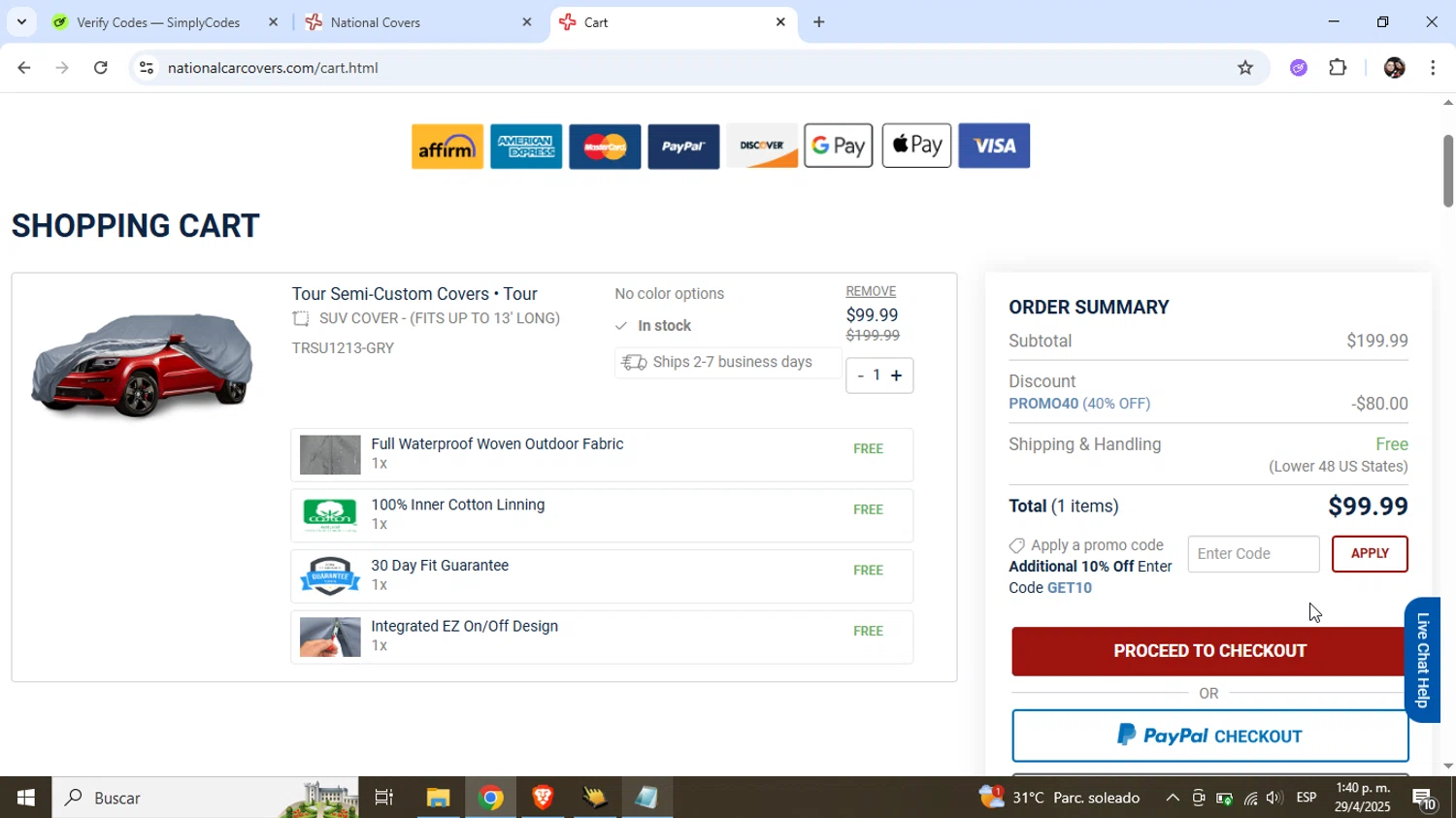 National Covers coupon code screenshot showing code PROMO40 applied at National Covers checkout page. Uploaded by SimplyCodes community member Junniorduno on Apr 29, 2025