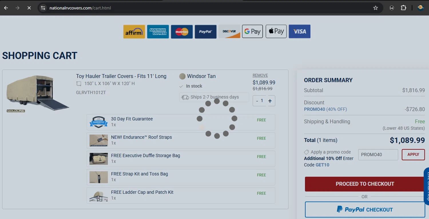 National Covers coupon code screenshot showing code PROMO40 applied at National Covers checkout page. Uploaded by SimplyCodes community member RoyalSpotter5217 on Jun 17, 2025
