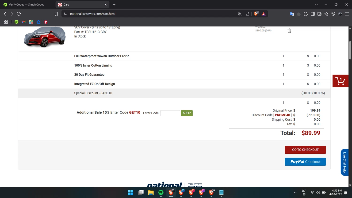 National Covers coupon code screenshot showing code JANE10 applied at National Covers checkout page. Uploaded by SimplyCodes community member Liiink on Apr 18, 2025