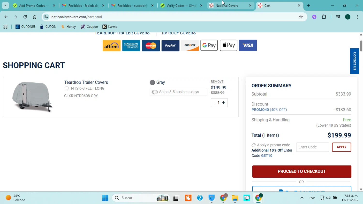 National Covers coupon code screenshot showing code COVER4ME applied at National Covers checkout page. Uploaded by SimplyCodes community member ABHF23 on Nov 11, 2025