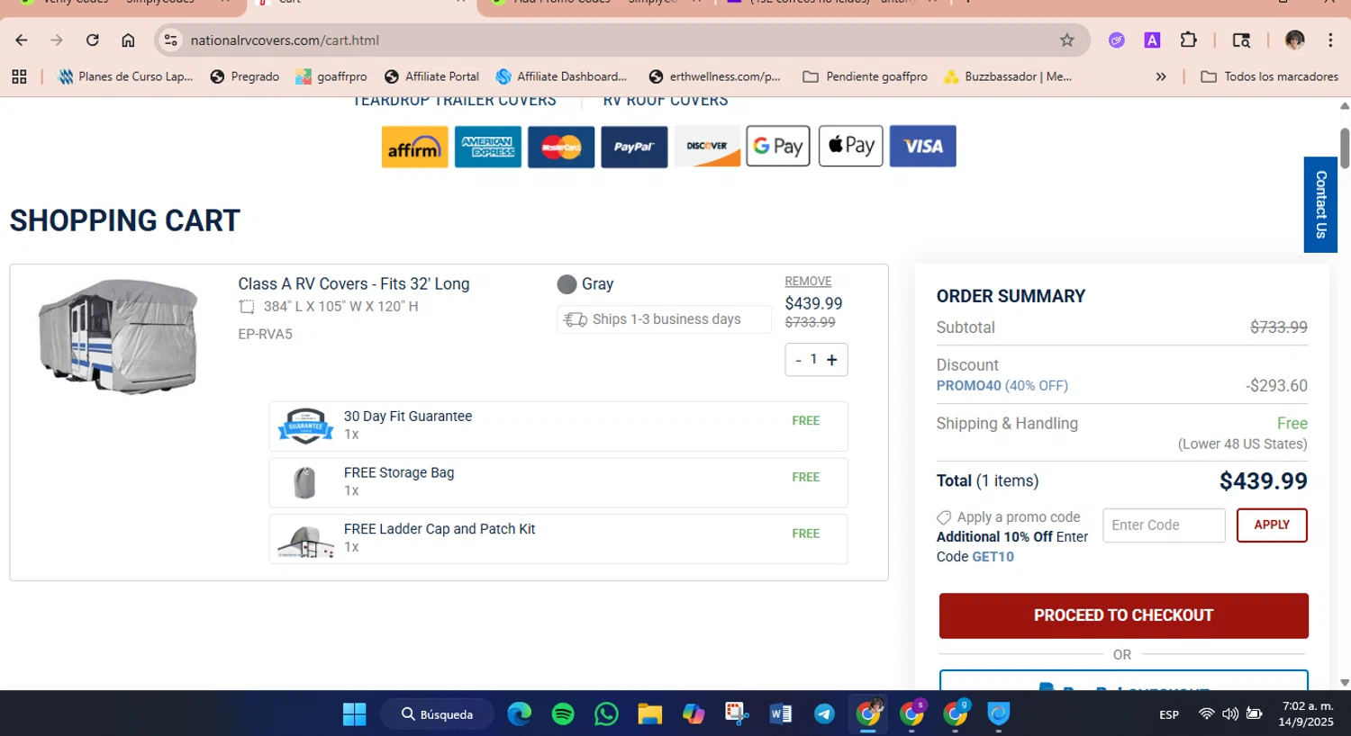 National Covers coupon code screenshot showing code COVER4ME applied at National Covers checkout page. Uploaded by SimplyCodes community member luisaballera on Sep 14, 2025