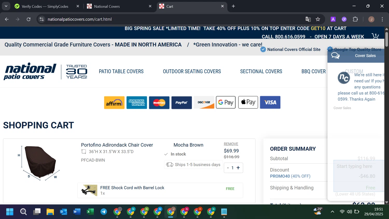 National Covers coupon code screenshot showing code HONEY10EO applied at National Covers checkout page. Uploaded by SimplyCodes community member VoucherPilot6246 on Apr 29, 2025