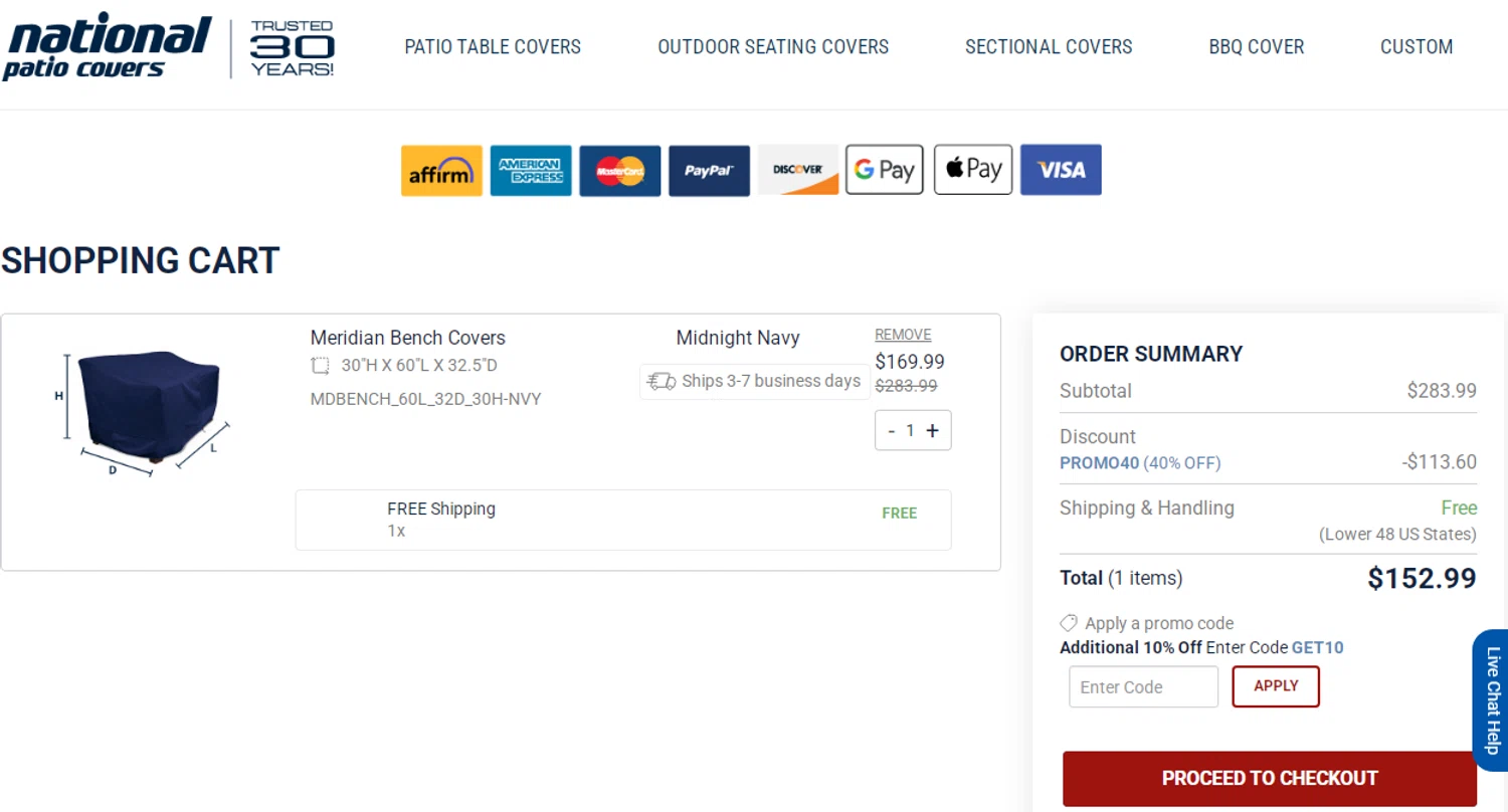 National Covers coupon code screenshot showing code HONEY10EO applied at National Covers checkout page. Uploaded by SimplyCodes community member Yuskeilyn20 on May 20, 2025