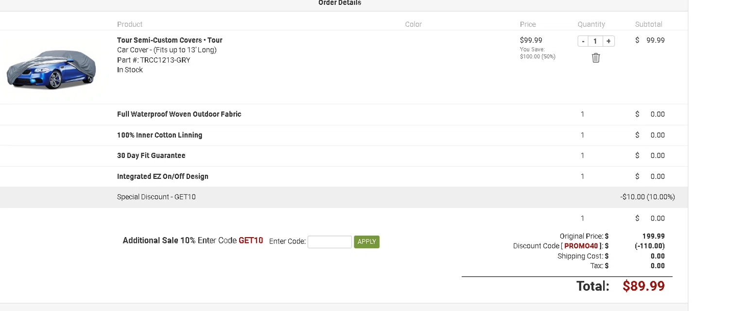 National Covers coupon code screenshot showing code GET10 applied at National Covers checkout page. Uploaded by SimplyCodes community member manuelturizo on Apr 13, 2025
