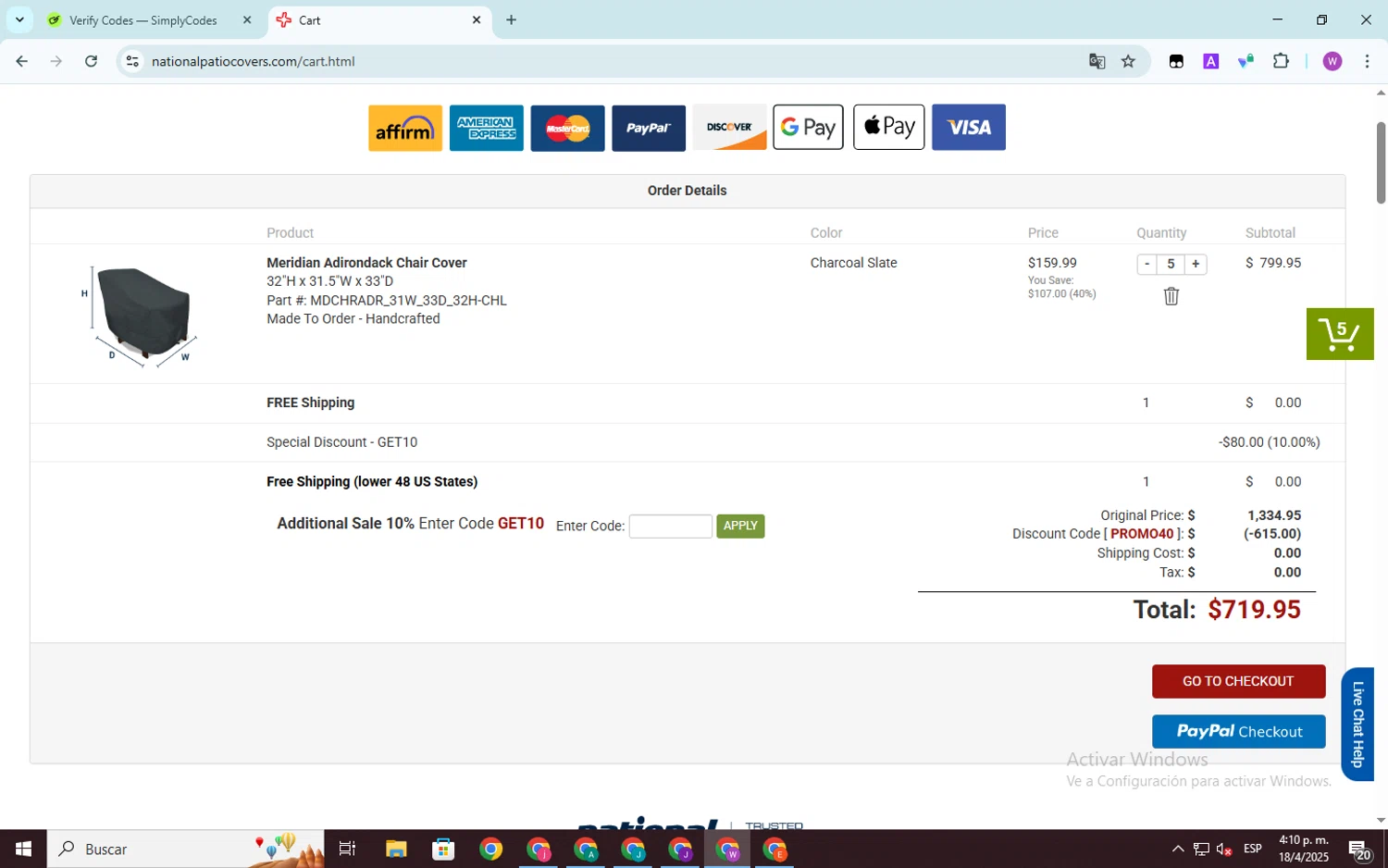 National Covers coupon code screenshot showing code GET10 applied at National Covers checkout page. Uploaded by SimplyCodes community member SwiftScout6682 on Apr 18, 2025