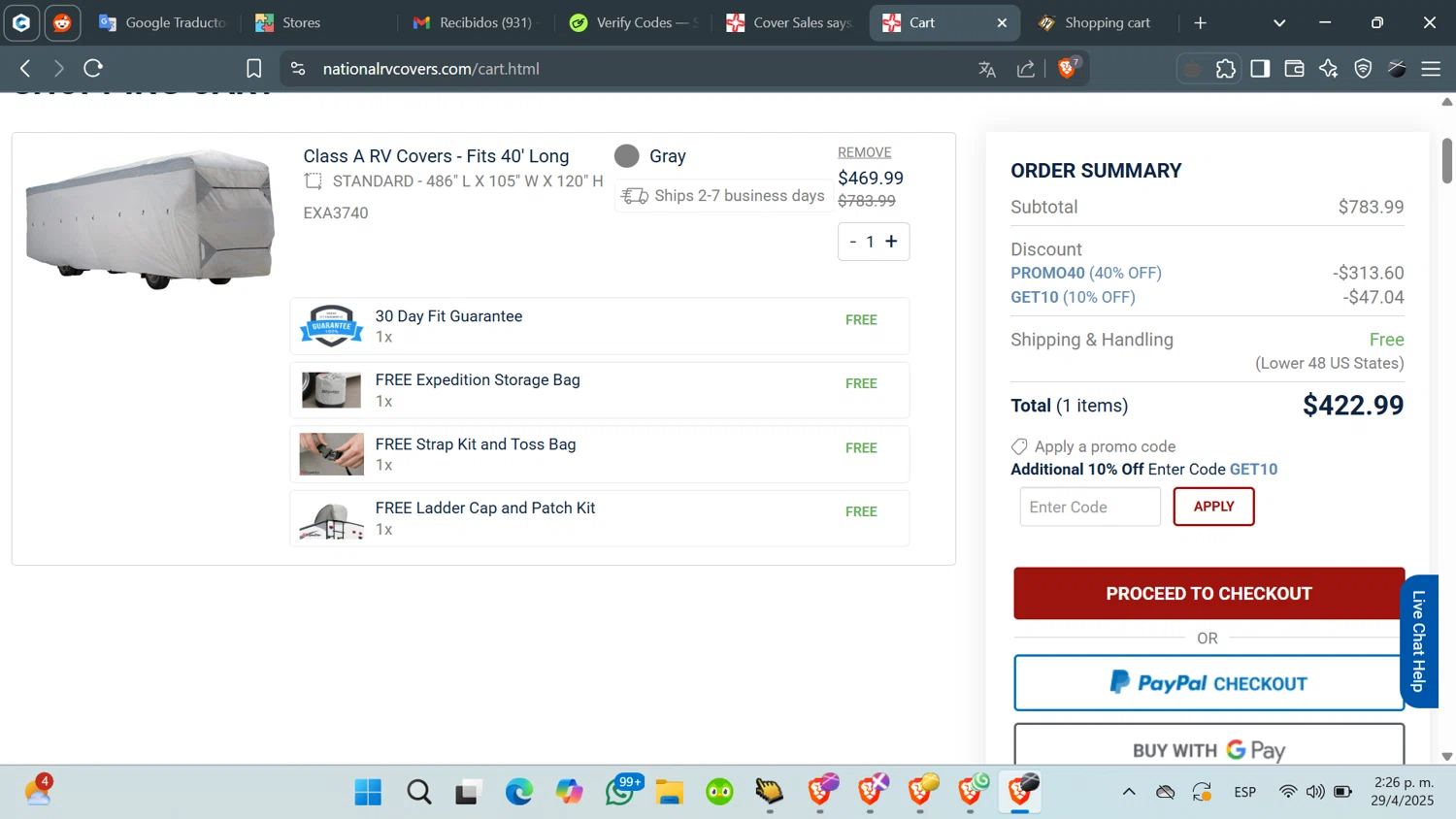 National Covers coupon code screenshot showing code GET10 applied at National Covers checkout page. Uploaded by SimplyCodes community member QuestFinder8736 on Apr 29, 2025