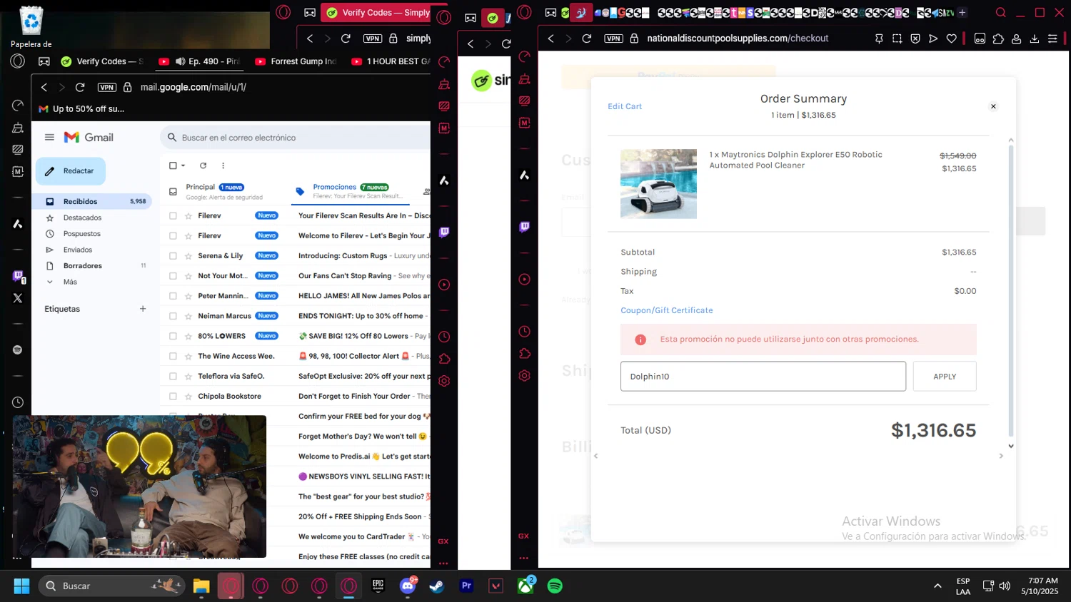 National Discount Pool Supplies promo code screenshot showing code Dolphin10 applied at National Discount Pool Supplies checkout page. Uploaded by SimplyCodes community member Handivlak on May 10, 2025