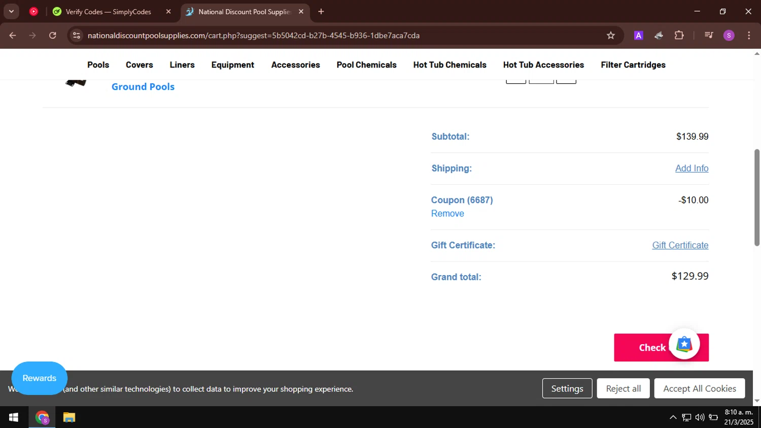 National Discount Pool Supplies promo code screenshot showing code 6687 applied at National Discount Pool Supplies checkout page. Uploaded by SimplyCodes community member AbusaGordas on Mar 21, 2025