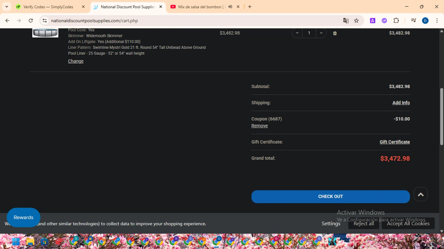 National Discount Pool Supplies promo code screenshot showing code 6687 applied at National Discount Pool Supplies checkout page. Uploaded by SimplyCodes community member DealVoyager8768 on Jun 28, 2025