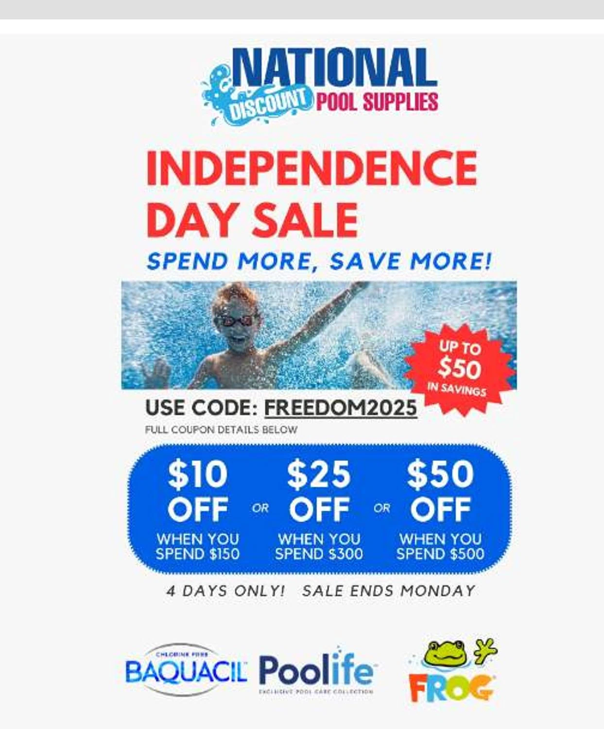 National Discount Pool Supplies promo code screenshot showing code FREEDOM2025 applied at National Discount Pool Supplies checkout page. Uploaded by SimplyCodes community member stygian1 on Jun 27, 2025