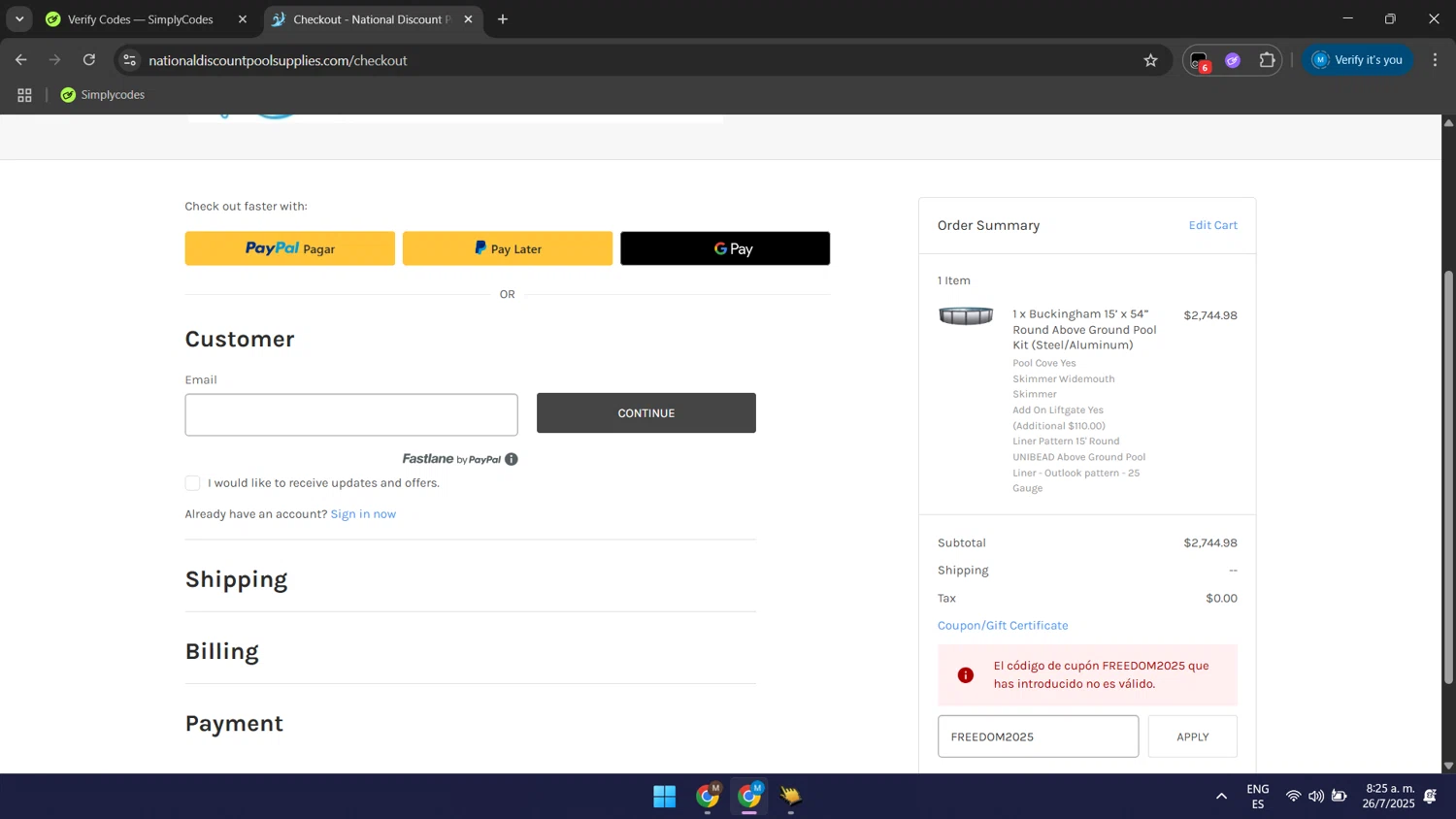 National Discount Pool Supplies promo code screenshot showing code FREEDOM2025 applied at National Discount Pool Supplies checkout page. Uploaded by SimplyCodes community member GloriousSaver4644 on Jul 26, 2025