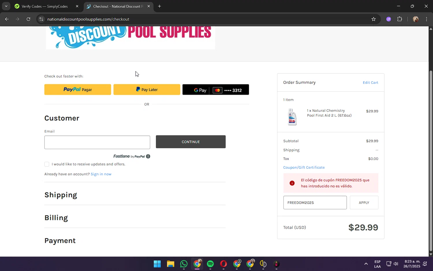 National Discount Pool Supplies promo code screenshot showing code FREEDOM2025 applied at National Discount Pool Supplies checkout page. Uploaded by SimplyCodes community member JennaOrtega on Jul 26, 2025