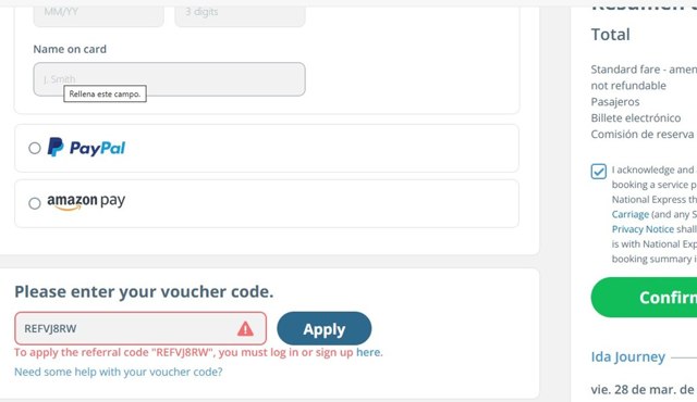 National Express checkout page showing National Express discount code box | Screenshot taken by SimplyCodes community member on Mar 13, 2025