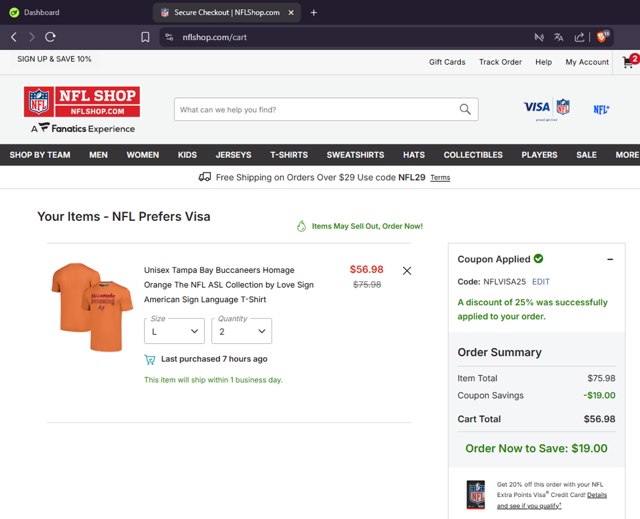 NFL checkout page showing NFL coupon code box | Screenshot taken by SimplyCodes community member on Aug 14, 2025