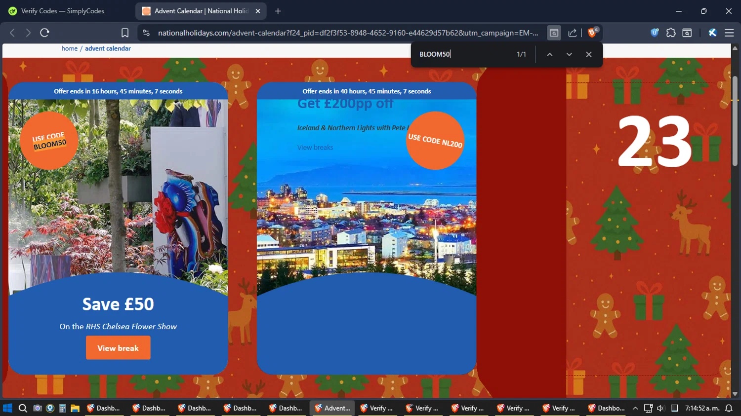 National Holidays promo code screenshot showing code BLOOM50 applied at National Holidays checkout page. Uploaded by SimplyCodes community member TreasureExpert3303 on Dec 22, 2025