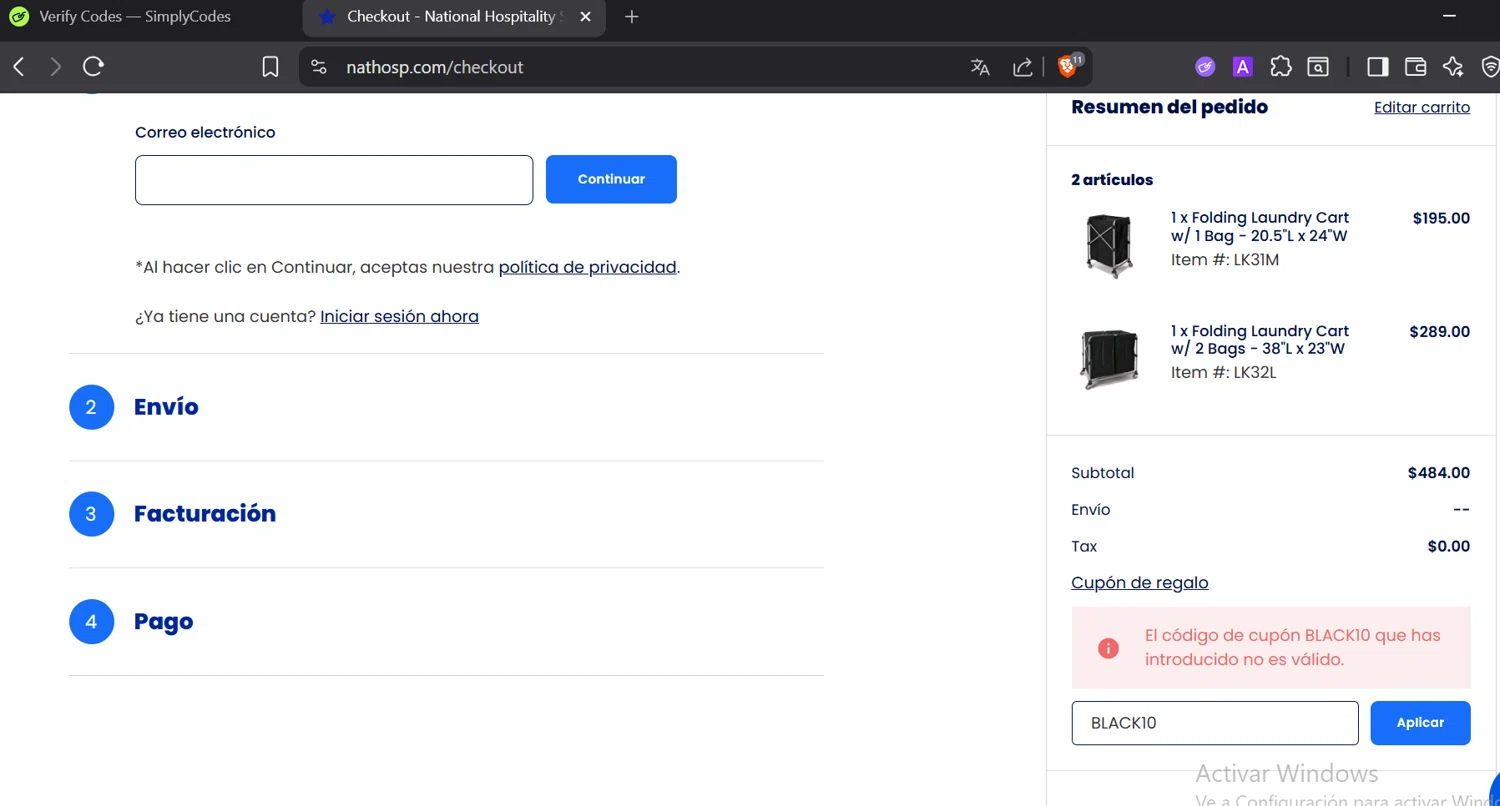 National Hospitality Supply promo code screenshot showing code BLACK10 applied at National Hospitality Supply checkout page. Uploaded by SimplyCodes community member DiaCritics on Dec 27, 2025